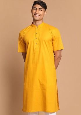 Mustard Solid Cotton Kurta For Men