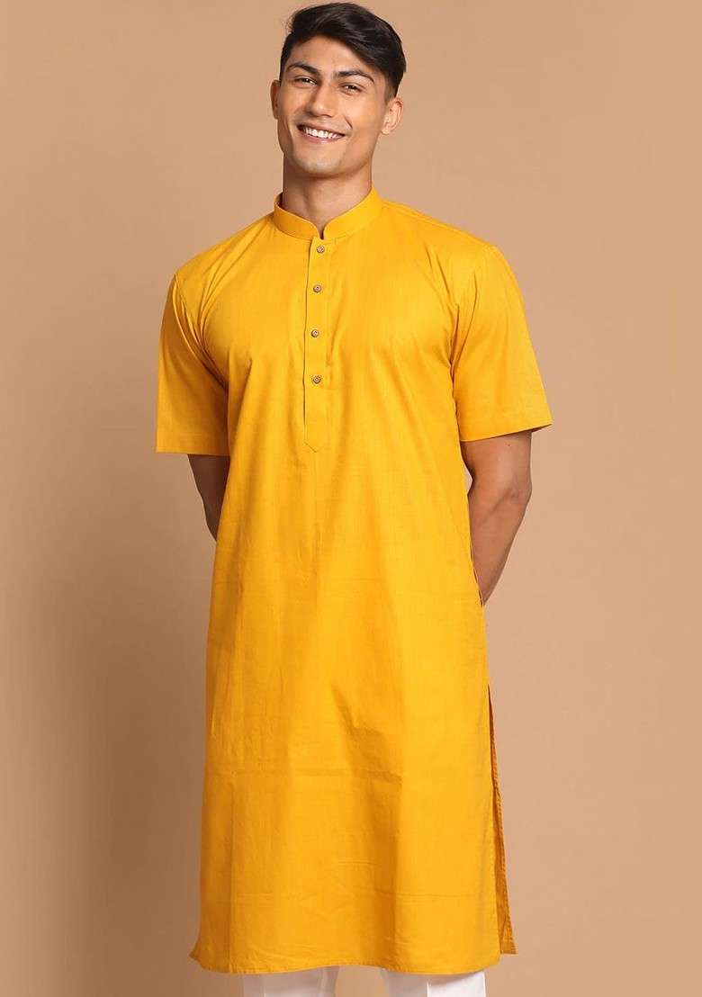 Mustard Solid Cotton Kurta For Men - Indya