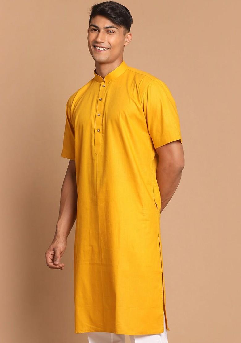 Mustard Solid Cotton Kurta For Men