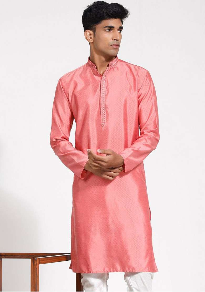 Pink Solid Jacquard Kurta For Men - Indya