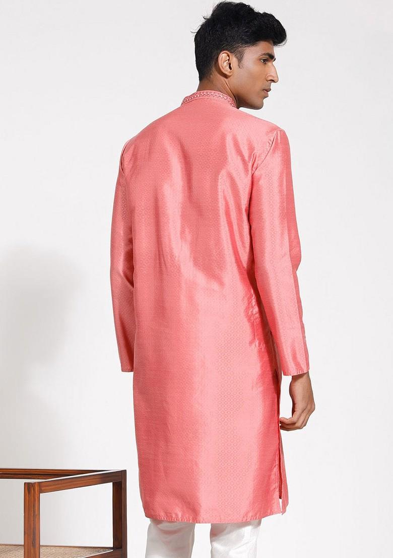 Pink Solid Jacquard Kurta For Men