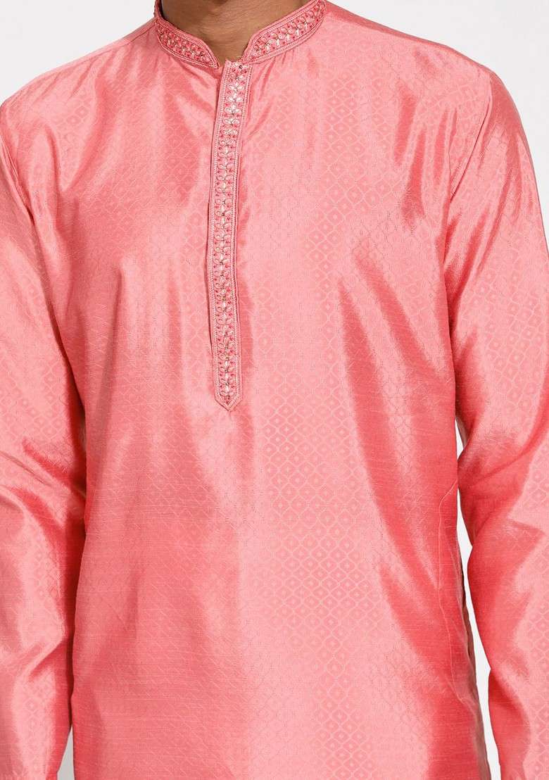 Pink Solid Jacquard Kurta For Men - Indya