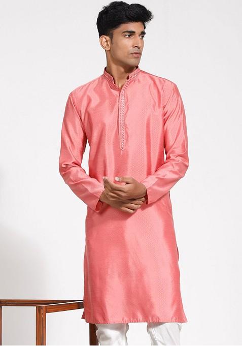 Pink Solid Jacquard Kurta For Men — view on Indya