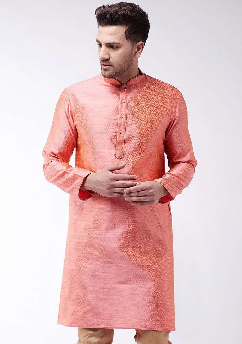 Pink Ethnic Motifs Jacquard Kurta For Men - Indya