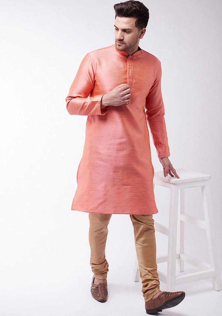 Pink Ethnic Motifs Jacquard Kurta For Men
