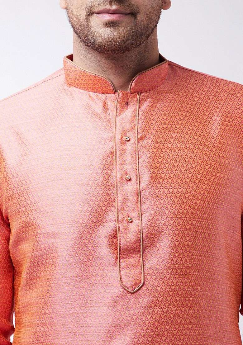 Pink Ethnic Motifs Jacquard Kurta For Men - Indya