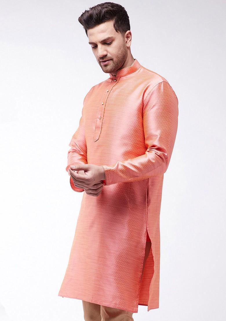 Pink Ethnic Motifs Jacquard Kurta For Men