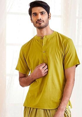 Olive Solid Cotton Kurta For Men
