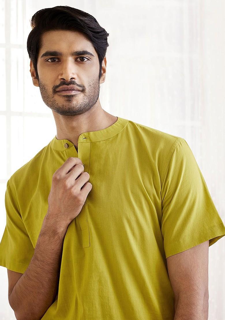 Olive Solid Cotton Kurta For Men