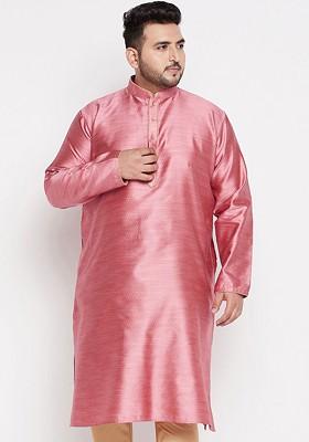 Pink Solid Silk Kurta For Men