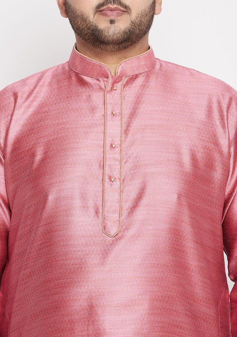 Pink Solid Silk Kurta For Men