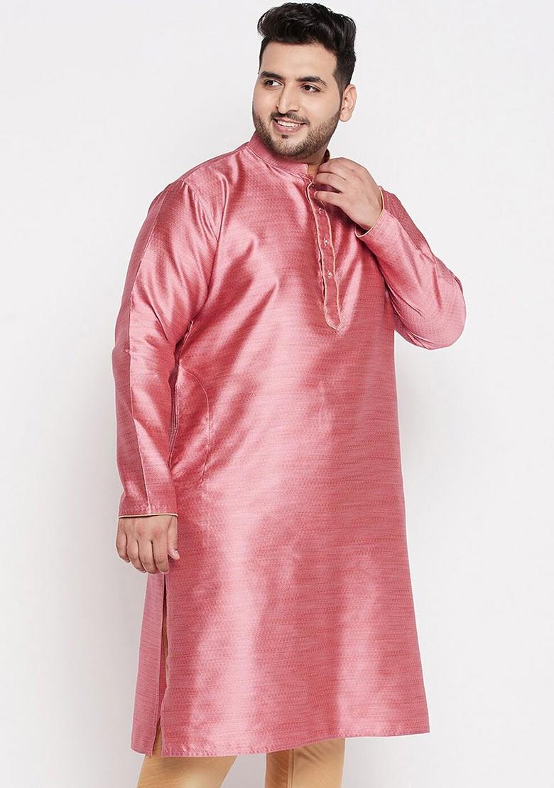 Pink Solid Silk Kurta For Men