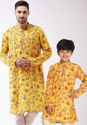 Mustard Floral Print Poly Blend Kurta For Men
