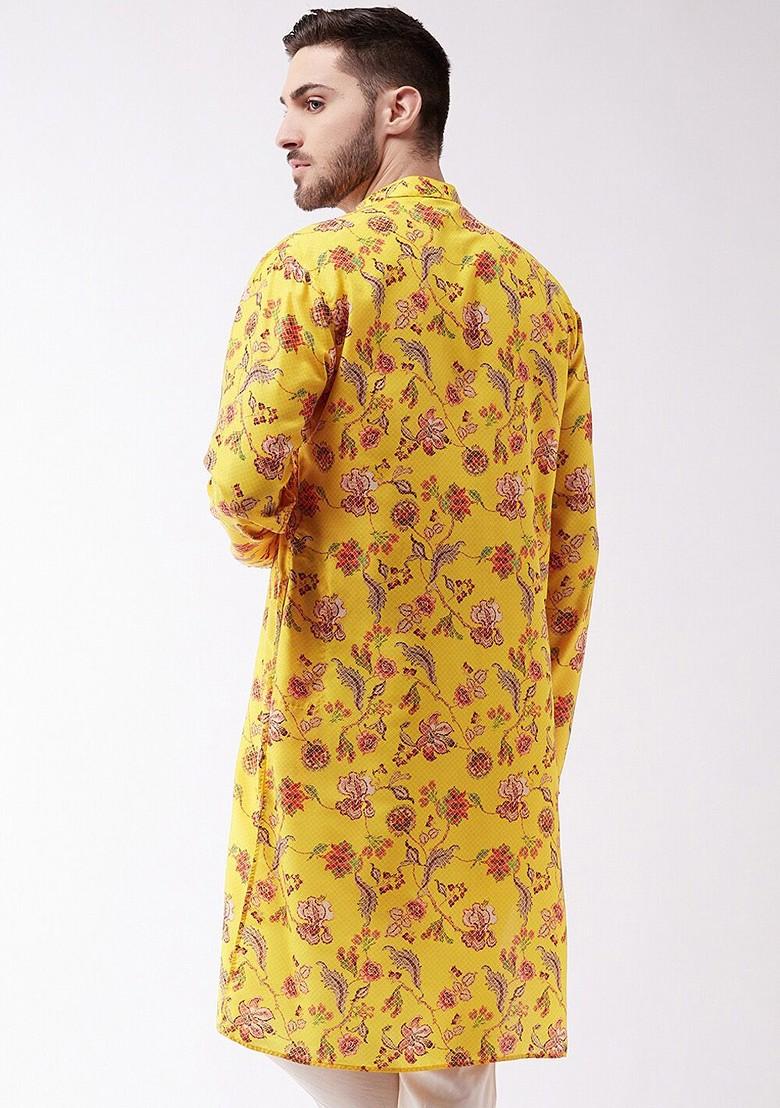 Mustard Floral Print Poly Blend Kurta For Men