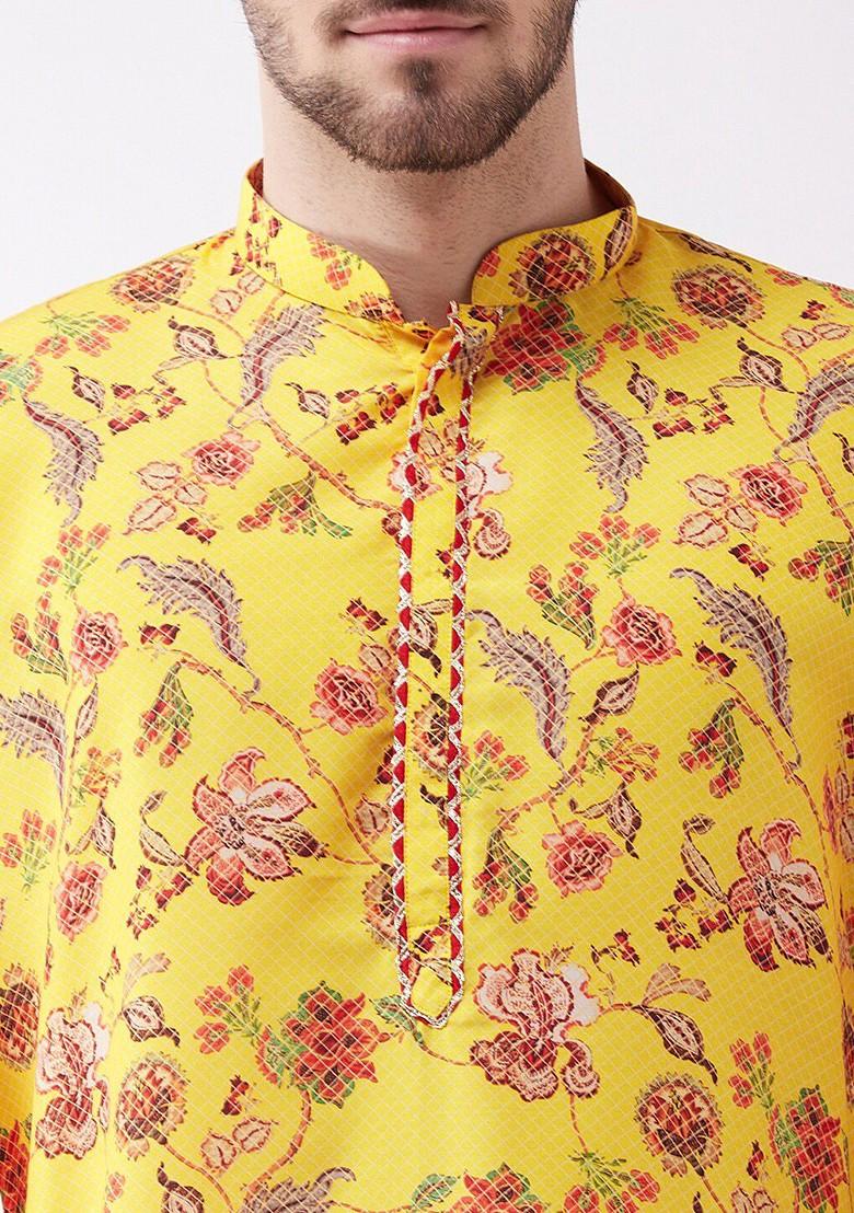 Mustard Floral Print Poly Blend Kurta For Men