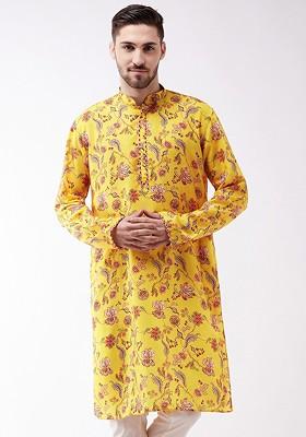Yellow Floral Print Silk Kurta For Men