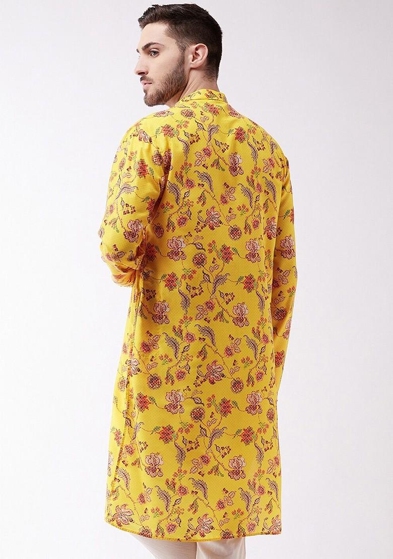 Yellow Floral Print Silk Kurta For Men