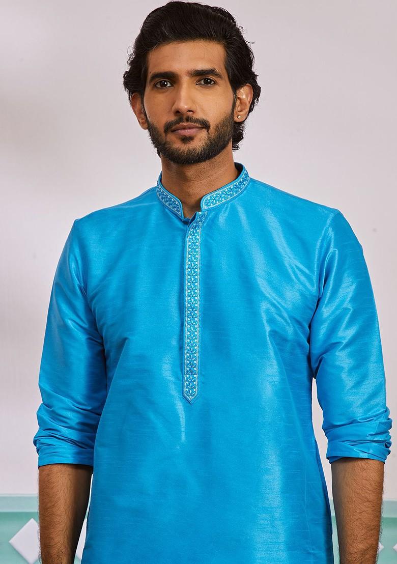 Blue Geometric Print Poly Blend Kurta For Men