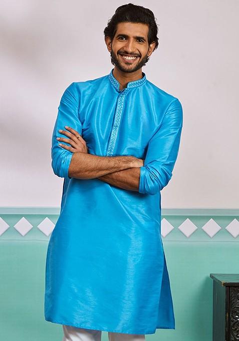 Blue Geometric Print Poly Blend Kurta For Men — view on Indya