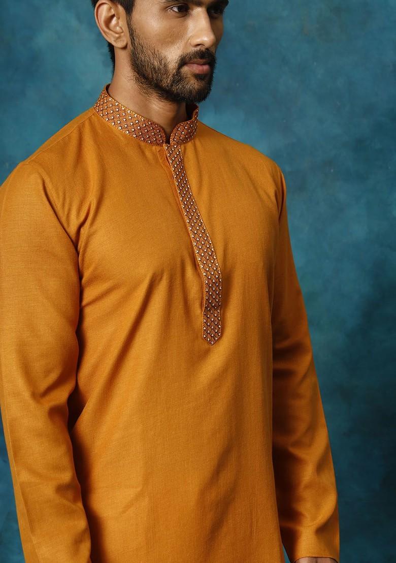 Mustard Solid Poly Blend Kurta For Men