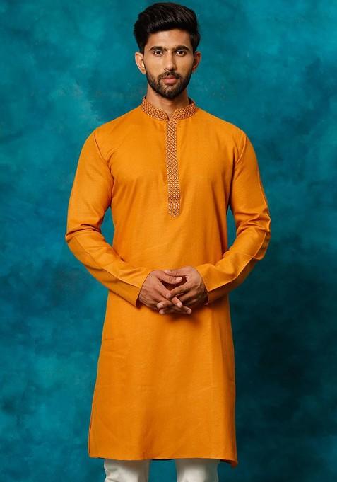 Mustard Solid Poly Blend Kurta For Men — view on Indya