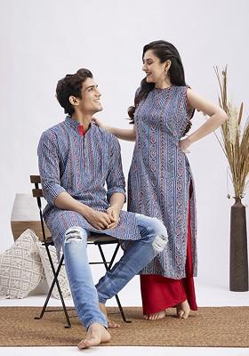 Blue Ethnic Motifs Cotton Kurta For Men