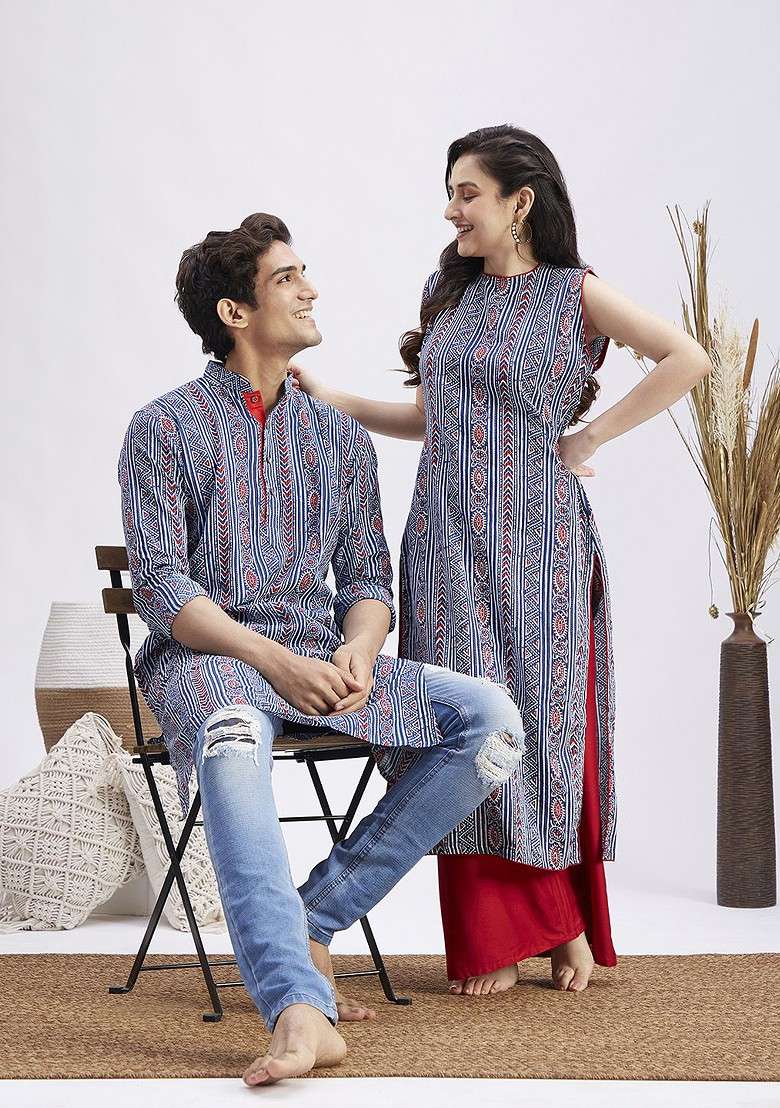 Blue Ethnic Motifs Cotton Kurta For Men - Indya
