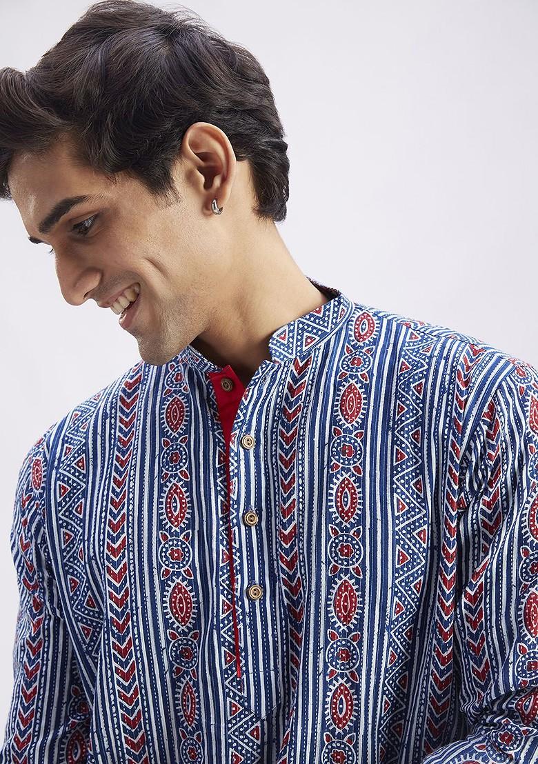 Blue Ethnic Motifs Cotton Kurta For Men