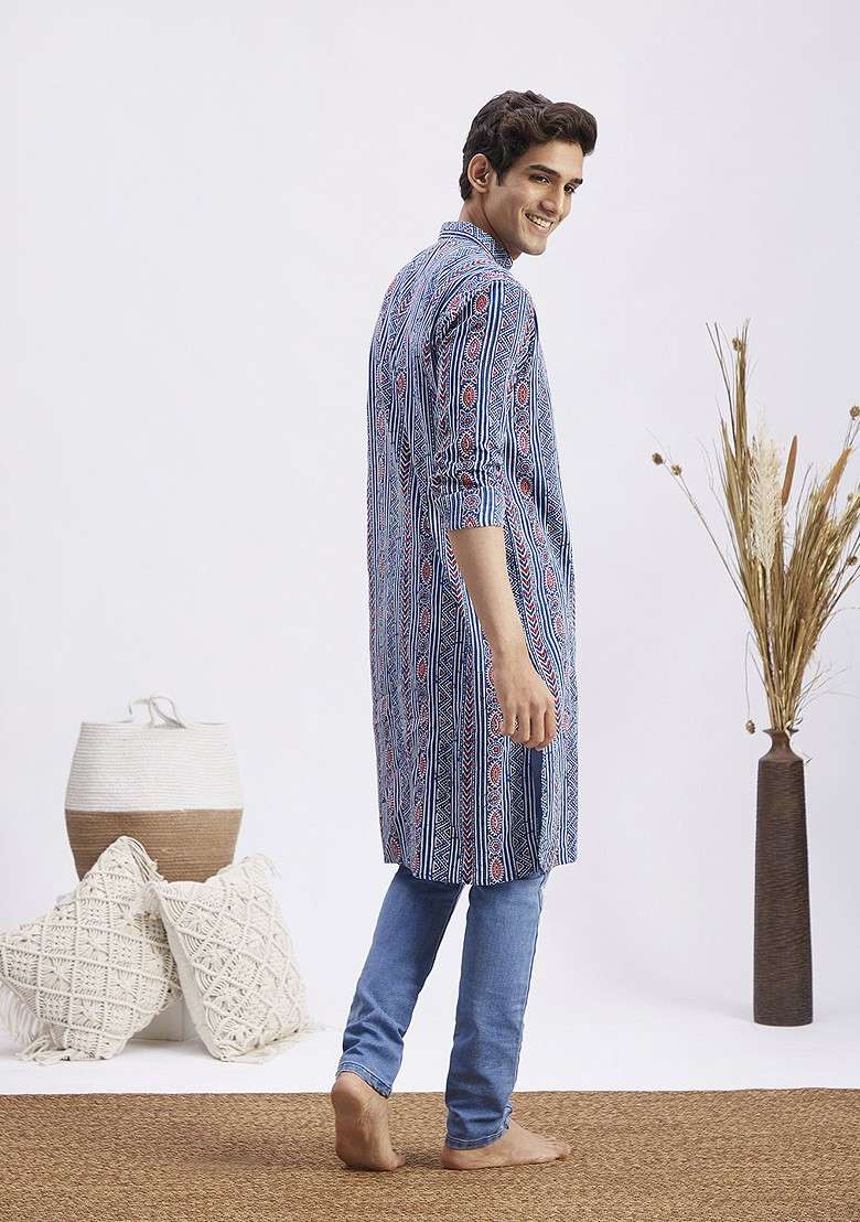 Blue Ethnic Motifs Cotton Kurta For Men - Indya
