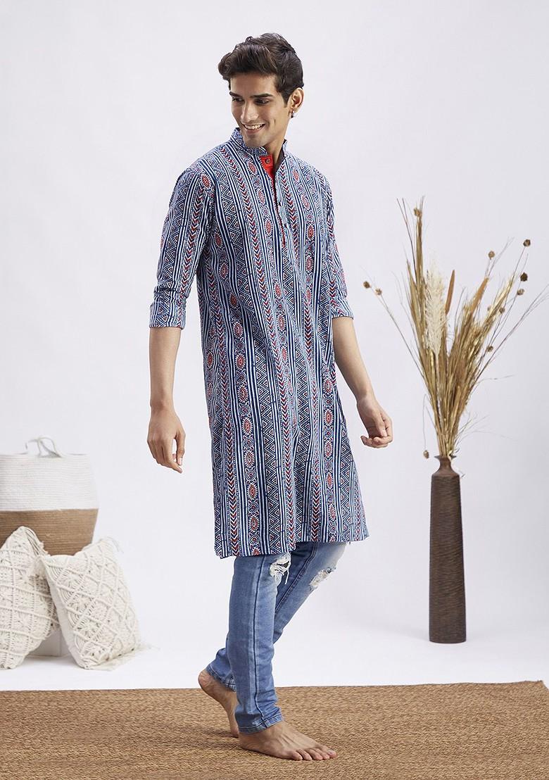Blue Ethnic Motifs Cotton Kurta For Men
