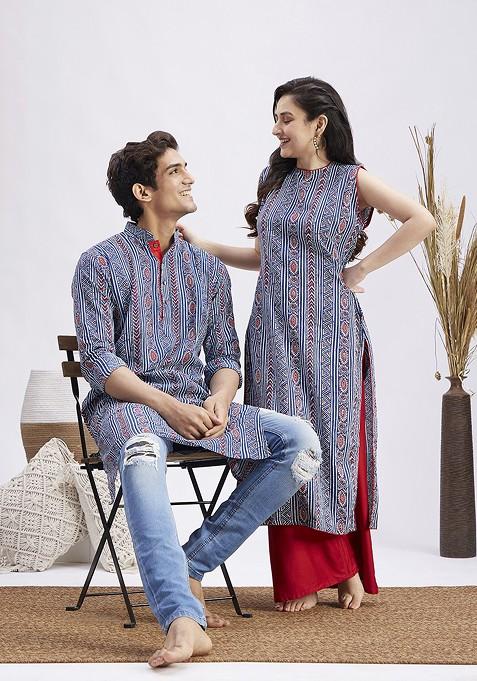 Blue Ethnic Motifs Cotton Kurta For Men — view on Indya