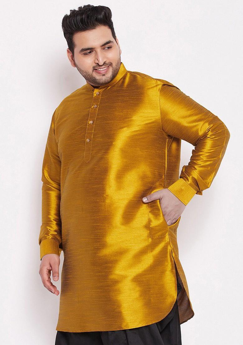 Mustard Thread Work Poly Blend Kurta For Men