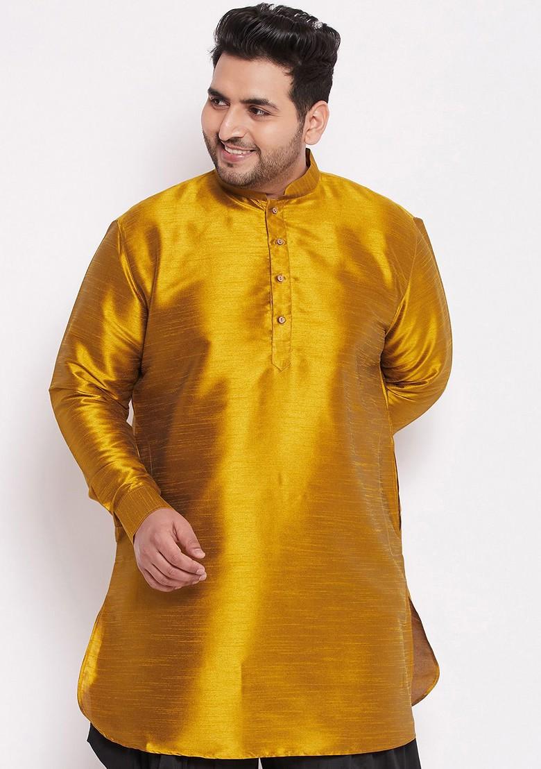 Mustard Thread Work Poly Blend Kurta For Men
