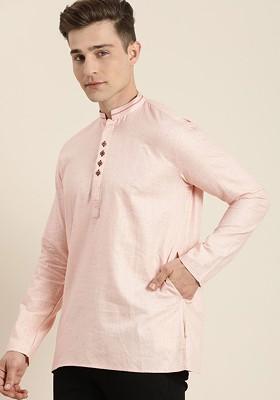 Pink Thread Work Cotton Kurta For Men