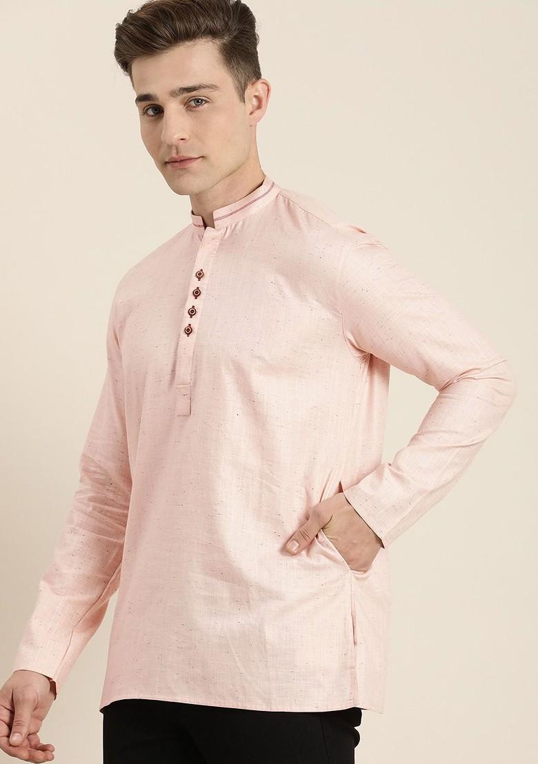 Pink Thread Work Cotton Kurta For Men