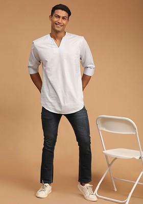Grey Solid Cotton Kurta For Men
