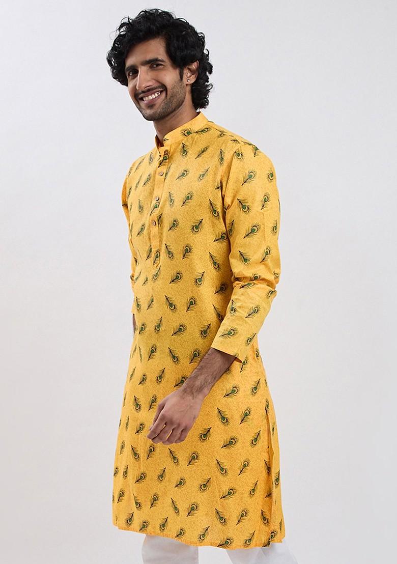 Yellow Ethnic Motifs Poly Blend Kurta For Men