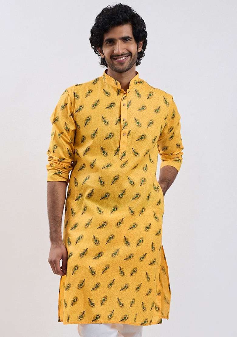 Yellow Ethnic Motifs Poly Blend Kurta For Men - Indya