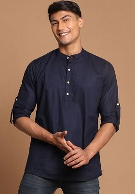Navy Blue Solid Poly Blend Kurta For Men