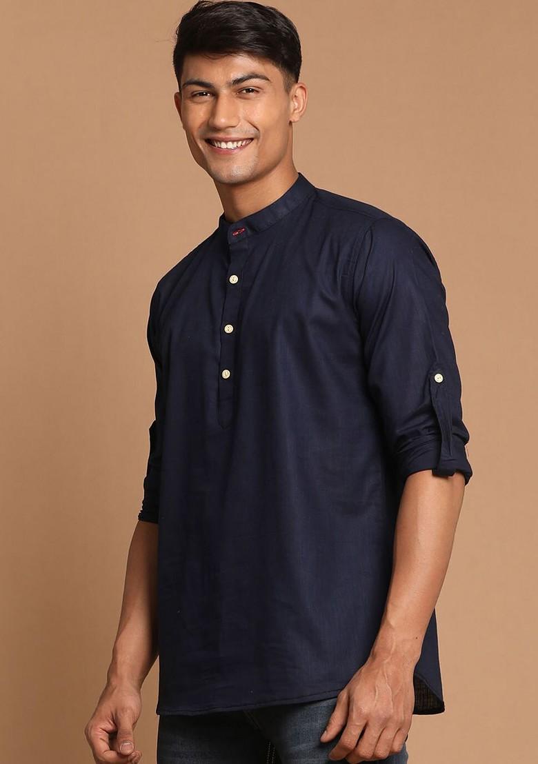 Navy Blue Solid Poly Blend Kurta For Men