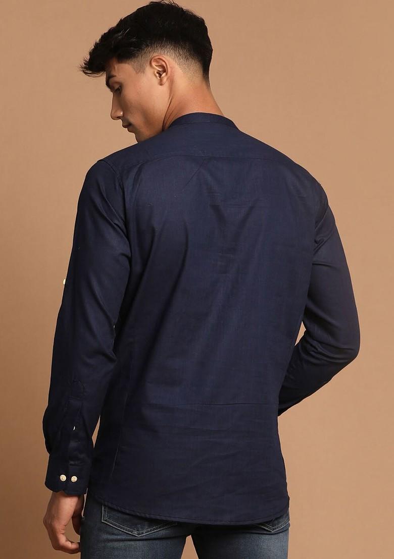 Navy Blue Solid Poly Blend Kurta For Men