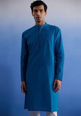 Blue Solid Cotton Kurta For Men