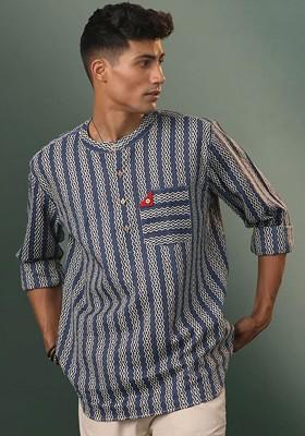 Blue Geometric Print Poly Blend Kurta For Men