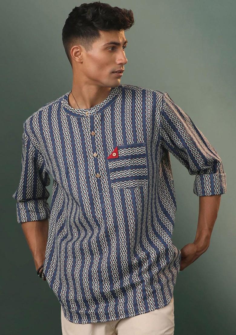 Blue Geometric Print Poly Blend Kurta For Men