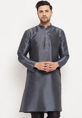 Grey Solid Poly Blend Kurta For Men