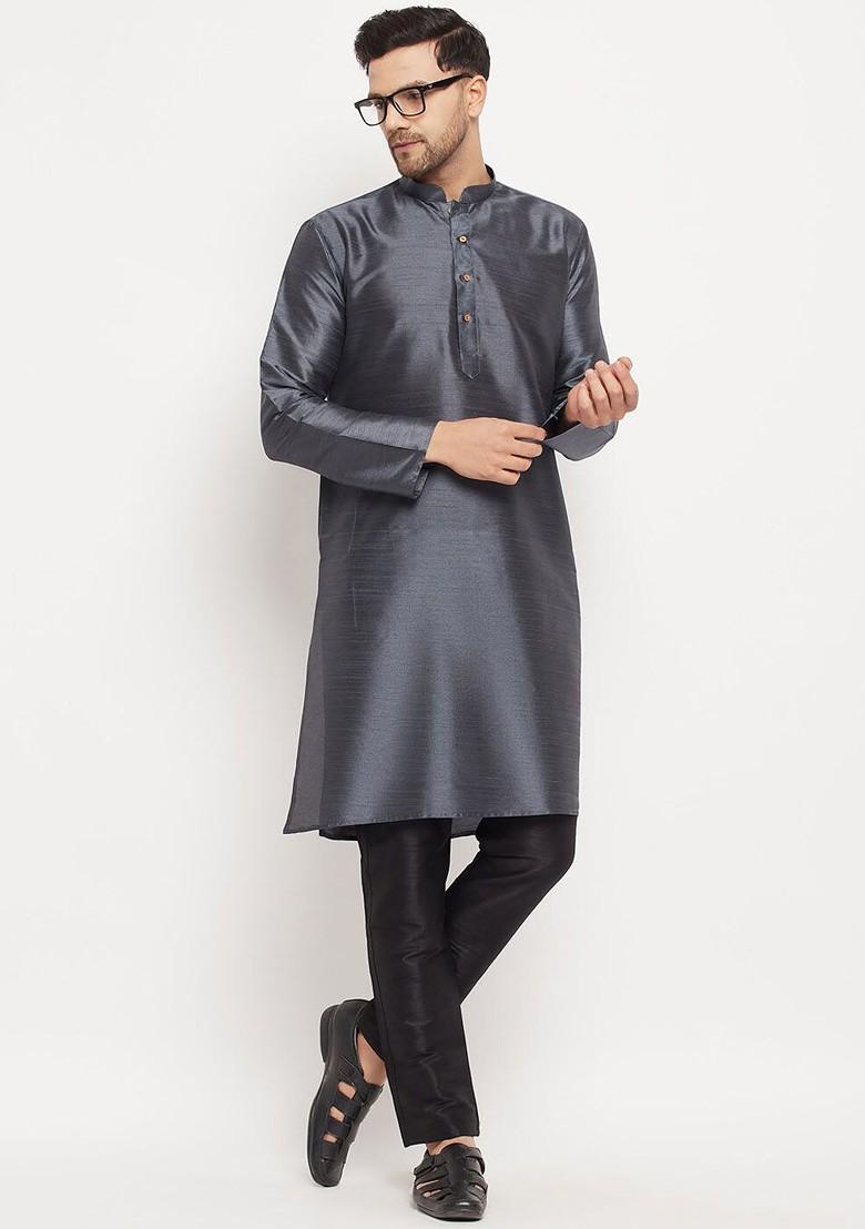 Grey Solid Poly Blend Kurta For Men