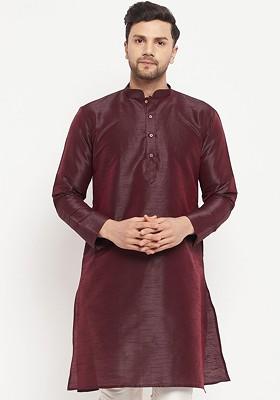 Burgundy Solid Poly Blend Kurta For Men