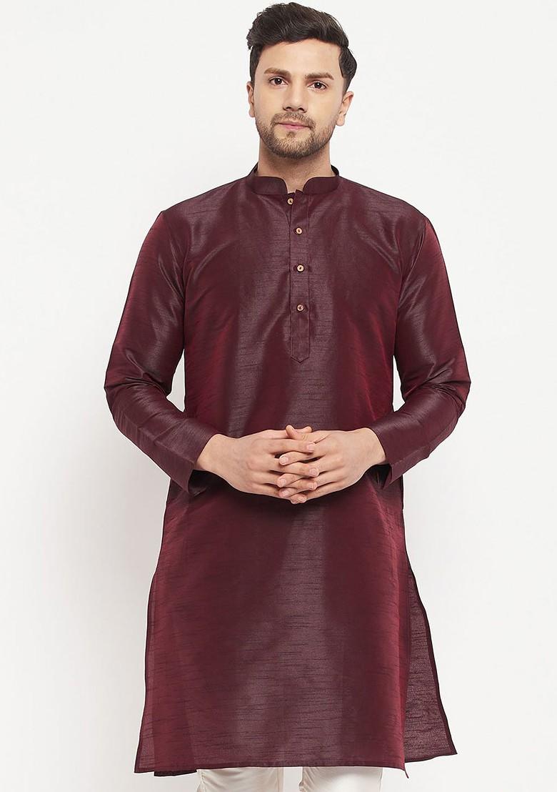 Burgundy Solid Poly Blend Kurta For Men