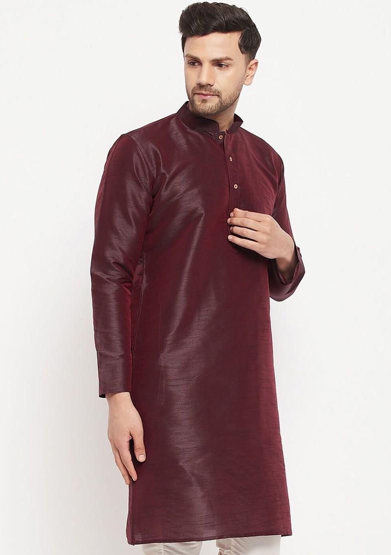 Burgundy Solid Poly Blend Kurta For Men