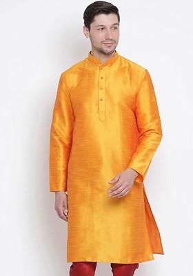 Orange Solid Poly Blend Kurta For Men